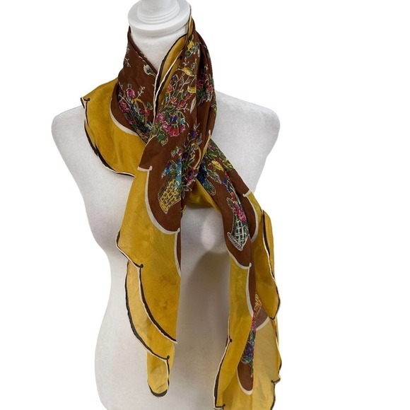 vintage scalloped Carol Stanley Floral Designer Scarf Silk Yellow Brown One Size - Picture 7 of 12
